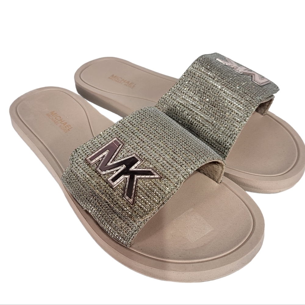 Michael Kors MK Logo Rhinestone Pool Slide Sandals White Gold - Picture 4 of 6